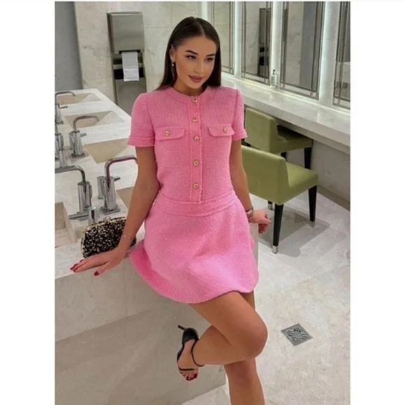 ZARA TEXTURED TWEED DRESS PINK Size M - Picture 6 of 15